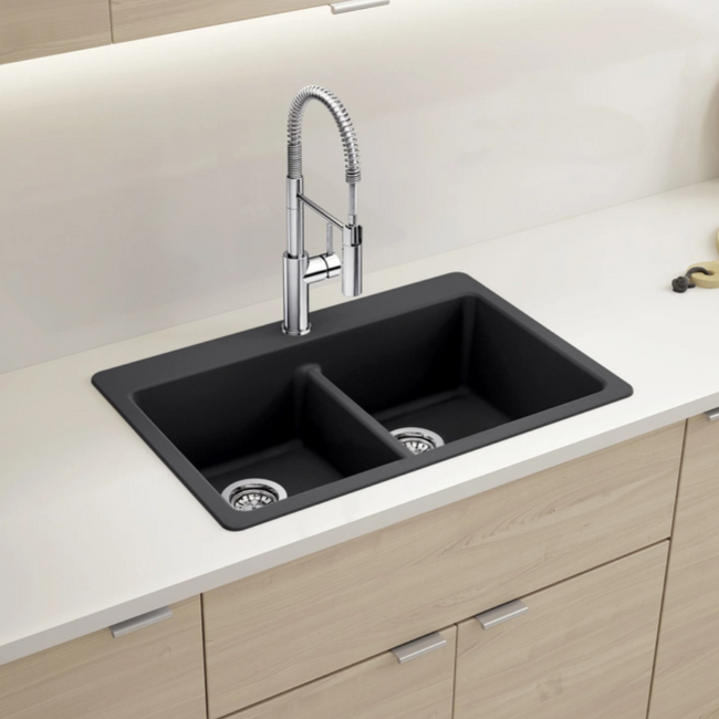 443203 - Liven SILGRANIT 33" 50/50 Double Bowl Dual Mount Kitchen Sink with Low Divide - Anthracite