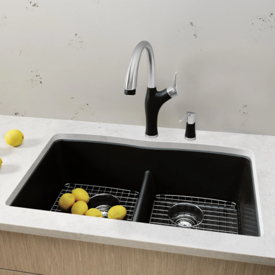 442914 - Diamond SILGRANIT 32" 50/50 Double Bowl Undermount Kitchen Sink with Low Divide - Coal Black