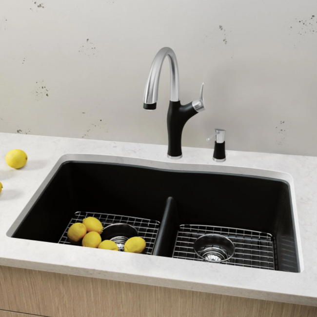 442914 - Diamond SILGRANIT 32" 50/50 Double Bowl Undermount Kitchen Sink with Low Divide - Coal Black