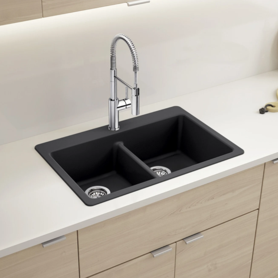 443209 - Liven SILGRANIT 33" 50/50 Double Bowl Dual Mount Kitchen Sink with Low Divide - Soft White