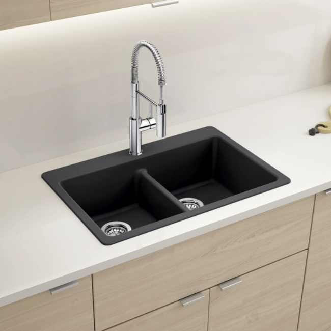 443209 - Liven SILGRANIT 33" 50/50 Double Bowl Dual Mount Kitchen Sink with Low Divide - Soft White