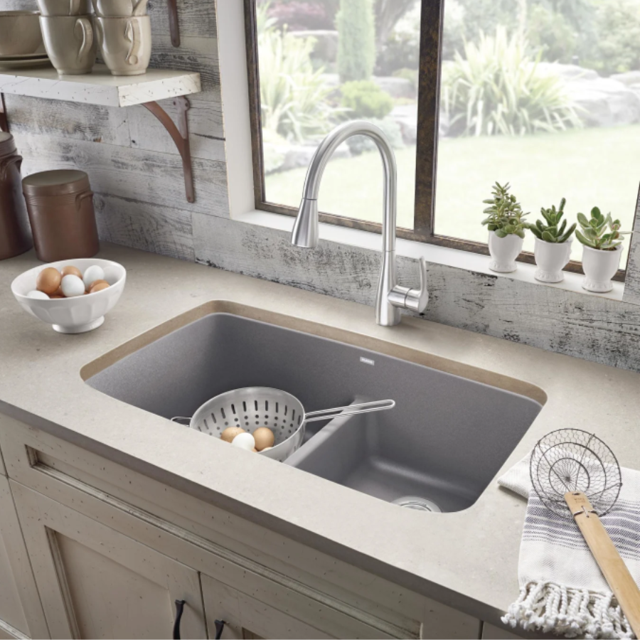 443126 - Valea SILGRANIT 32" 50/50 Double Bowl Undermount Kitchen Sink with Low Divide - Volcano Gray