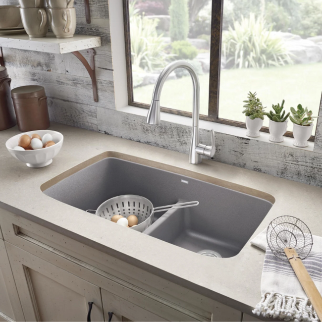 443126 - Valea SILGRANIT 32" 50/50 Double Bowl Undermount Kitchen Sink with Low Divide - Volcano Gray