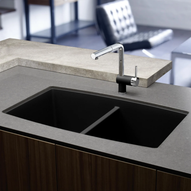 442937 - Performa SILGRANIT 33" 50/50 Double Bowl Undermount Kitchen Sink - Coal Black