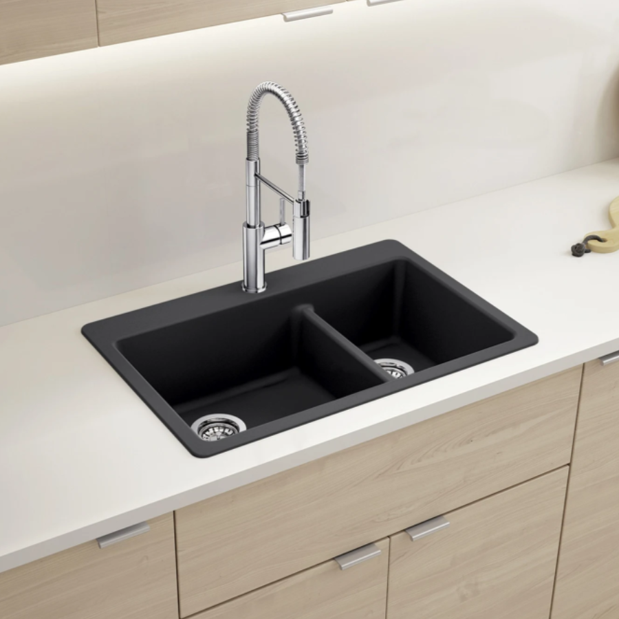 443212 - Liven SILGRANIT 33" 60/40 Double Bowl Dual Mount Kitchen Sink with Low Divide - Cinder