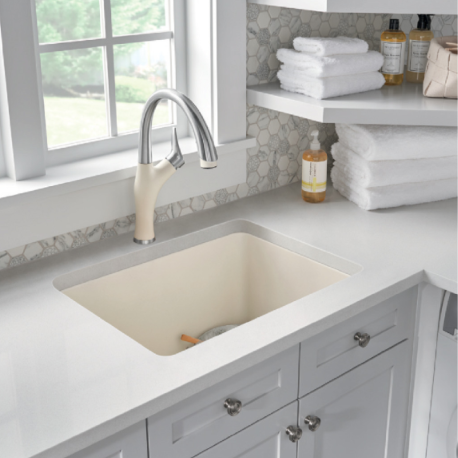 443079 - Liven SILGRANIT 25" Single Bowl Dual Mount Laundry Sink - Soft White