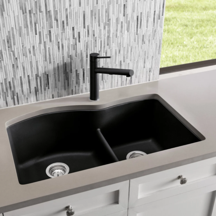 442910 - Diamond SILGRANIT 32" 60/40 Double Bowl Undermount Kitchen Sink with Low Divide - Coal Black