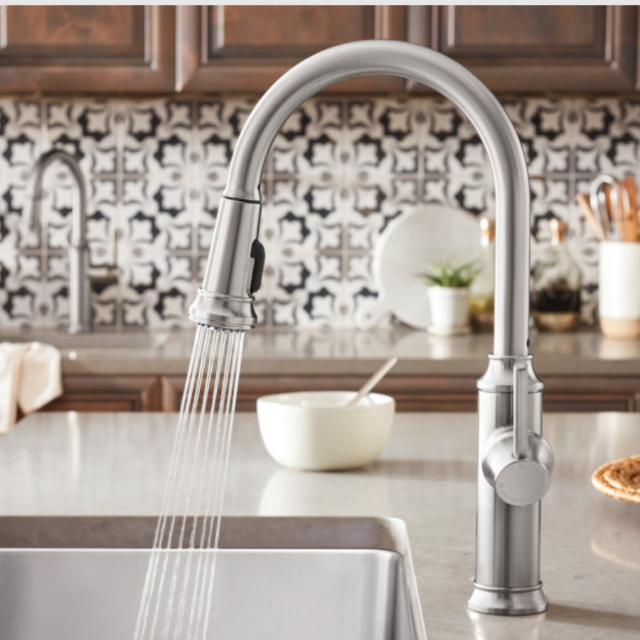 443245 - Empressa High Arc Pull-Down Dual-Spray Kitchen Faucet - Satin Platinum