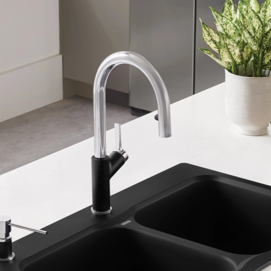 526398 - Urbena Pull-Down Dual-Spray Kitchen Faucet - Chrome/Coal Black