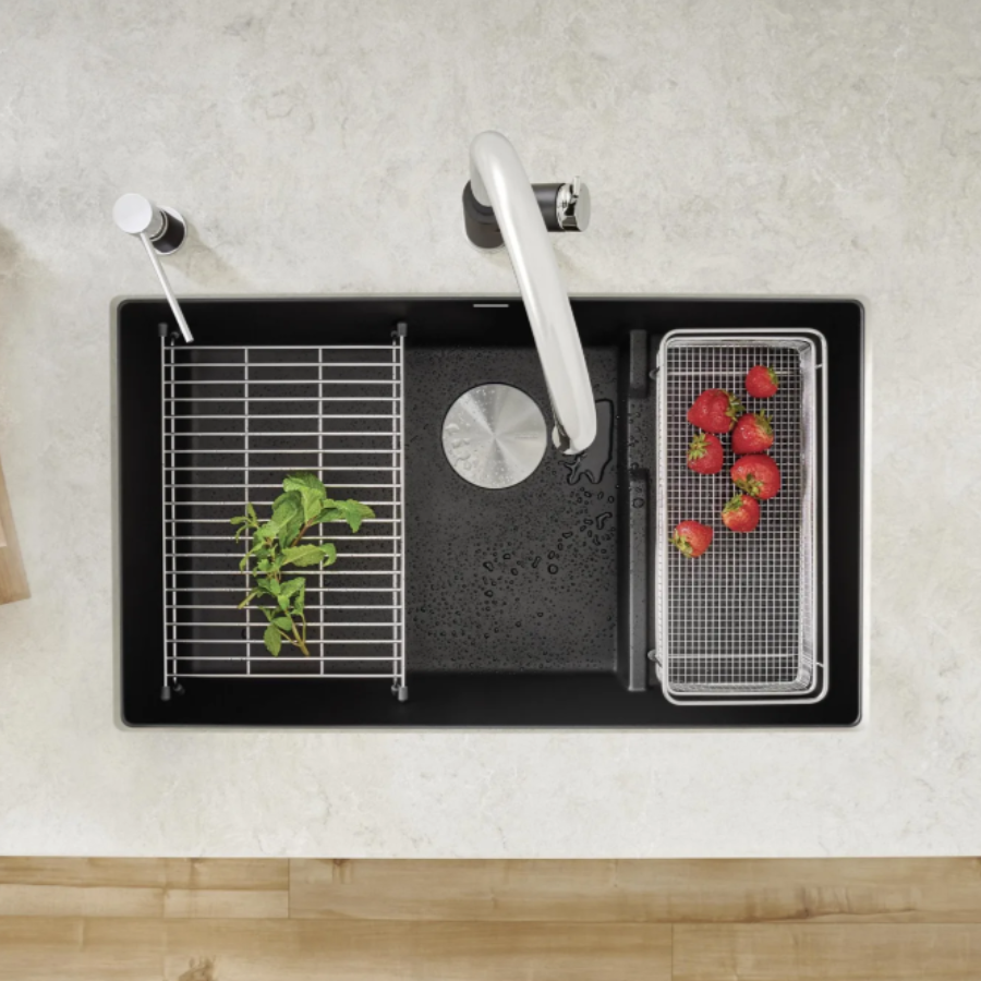 527415 - Precis Cascade SILGRANIT 29" Single Bowl Undermount Kitchen Sink with Colander - Volcano Gray