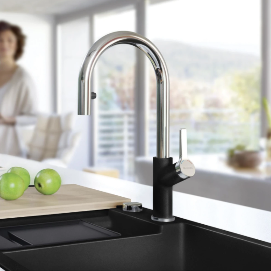 526398 - Urbena Pull-Down Dual-Spray Kitchen Faucet - Chrome/Coal Black