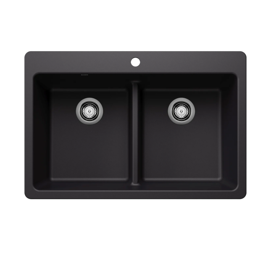 443202 - Liven SILGRANIT 33" 50/50 Double Bowl Dual Mount Kitchen Sink with Low Divide - Coal Black
