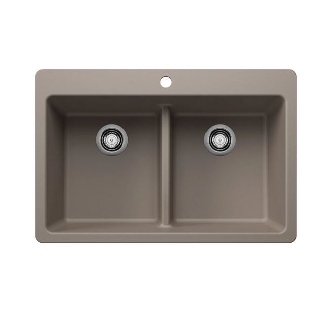 443206 - Liven SILGRANIT 33" 50/50 Double Bowl Dual Mount Kitchen Sink with Low Divide - Truffle