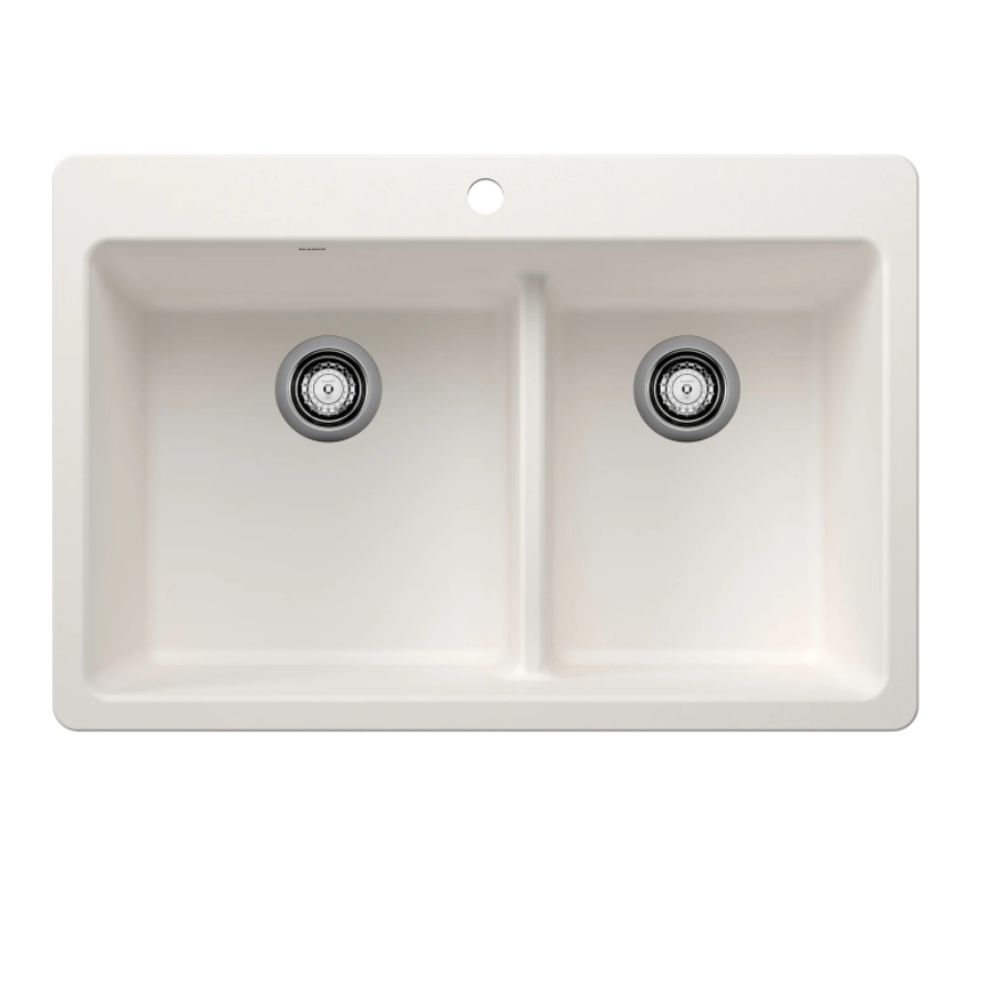 443213 - Liven SILGRANIT 33" 60/40 Double Bowl Dual Mount Kitchen Sink with Low Divide - White