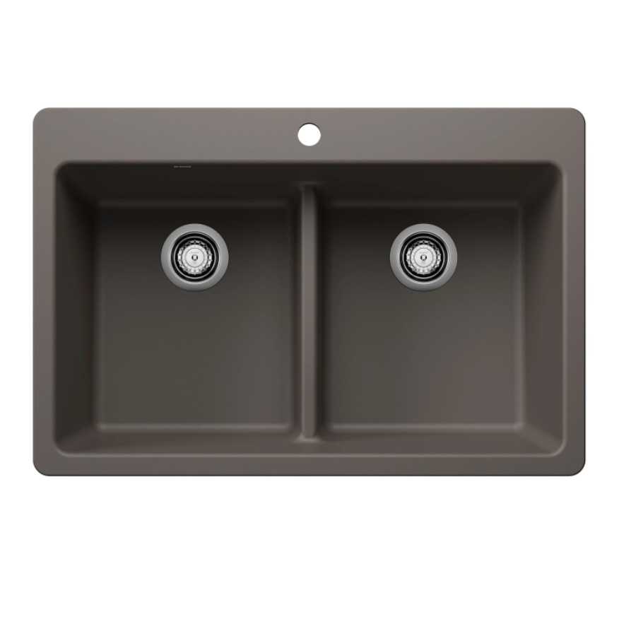 443208 - Liven SILGRANIT 33" 50/50 Double Bowl Dual Mount Kitchen Sink with Low Divide - Volcano Gray