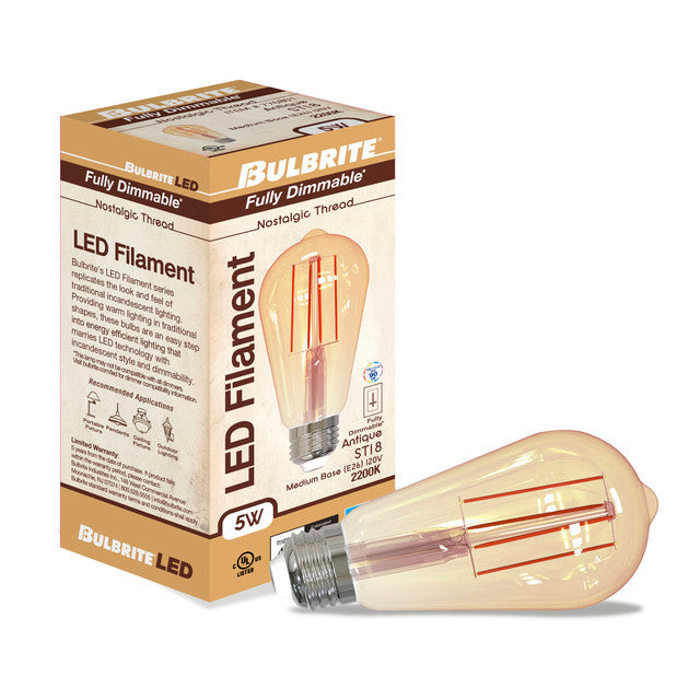 776801 - Filaments Dimmable Antique Glass ST18 LED Light Bulb - 5 Watt - 2200K - 2 Pack