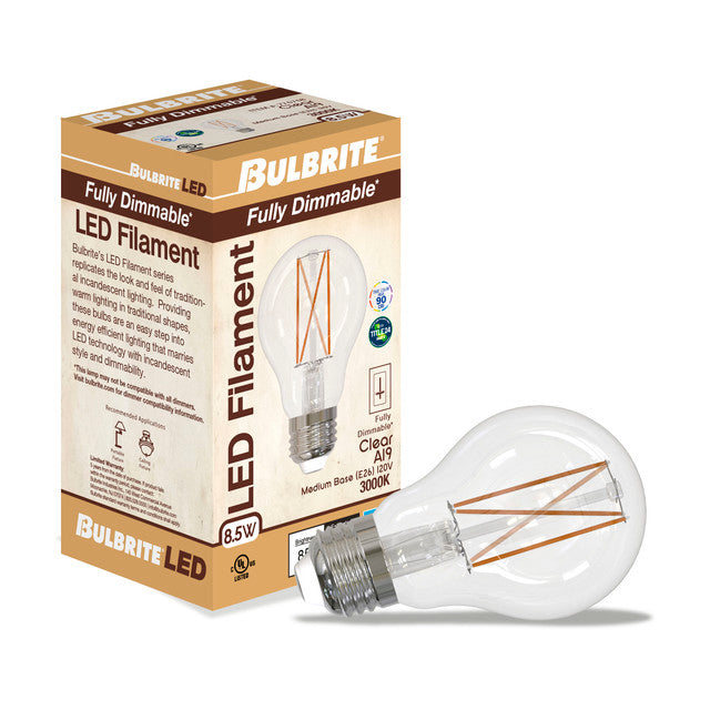776768 - Filaments Dimmable Clear Glass A19 LED Light Bulb - 8.5 Watt - 3000K - 2 Pack