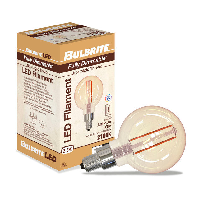 776906 - Filaments Dimmable Antique Glass G16 LED Light Bulb - 2.5 Watt - 2100K - 3 Pack
