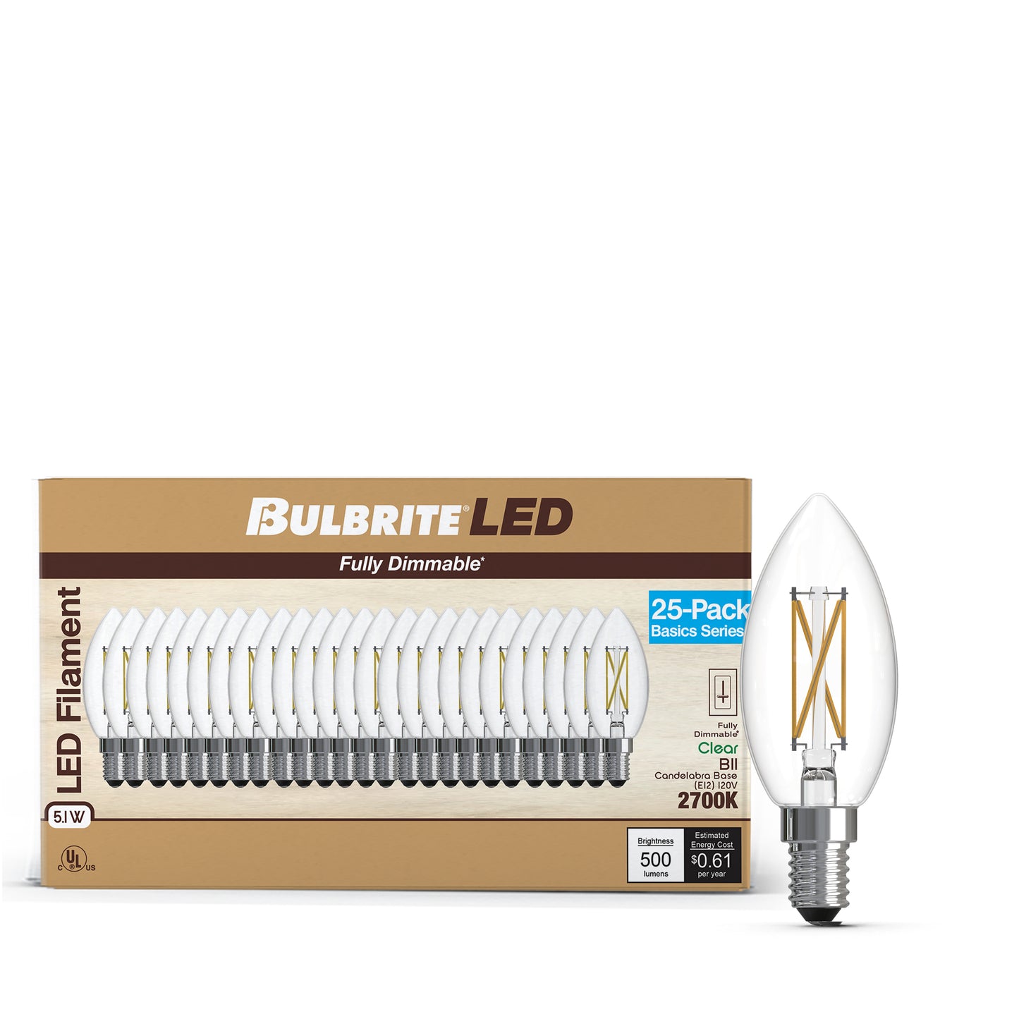 776237 - Filaments Dimmable Clear Glass B11 LED Light Bulb - 5.1 Watt - 2700K - 25 Pack