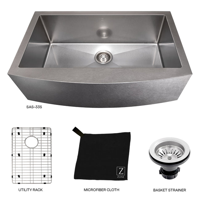 SAS-33S - 33" Vail Farmhouse Apron Mount Single Bowl Satin Stainless Steel Kitchen Sink with Bottom Grid