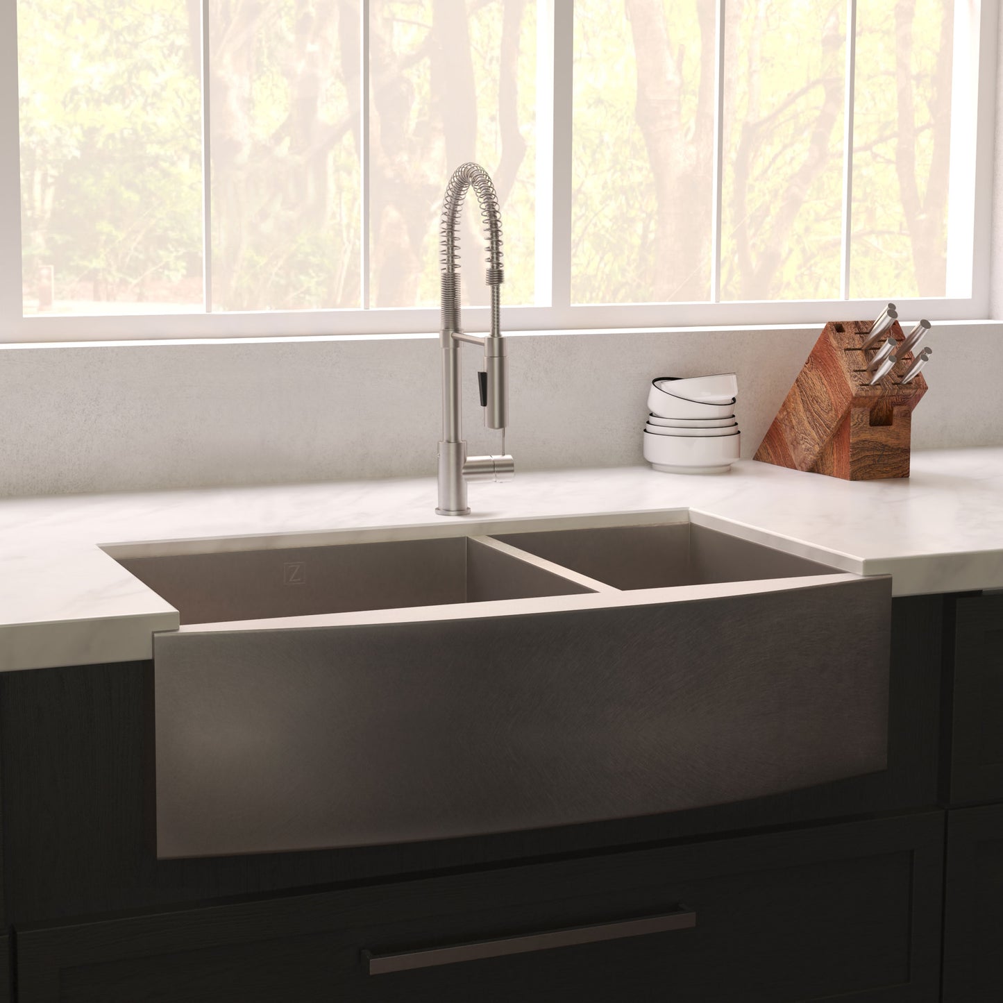 SA60D-36S - 36" Courchevel Farmhouse Apron Mount Double Bowl Satin Stainless Steel Kitchen Sink with Bottom Grid