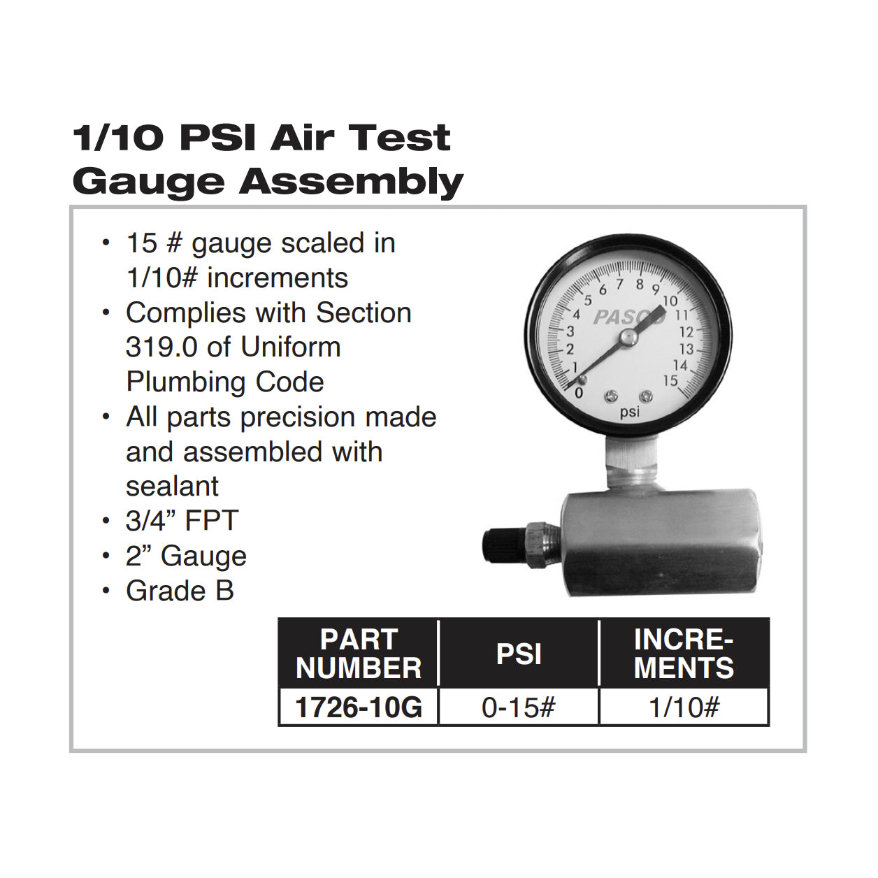 1726-10G - 2" Dial Air Test Gauge Assembly - 0 to 15 PSI - 3/4" FPT
