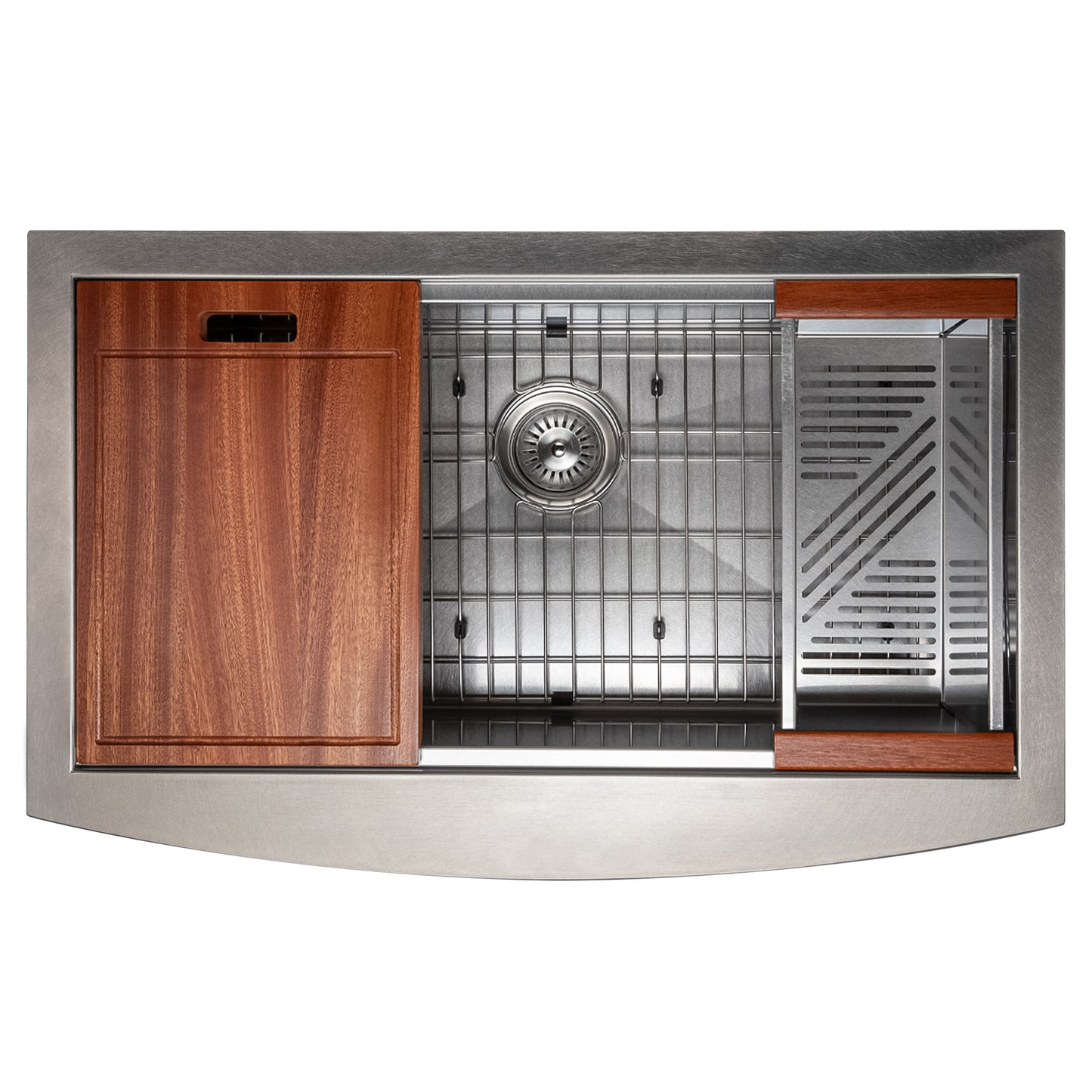 SLSAP-33S - 33" Moritz Farmhouse Apron Mount Single Bowl Satin Stainless Steel Kitchen Sink with Bottom Grid and Accessories
