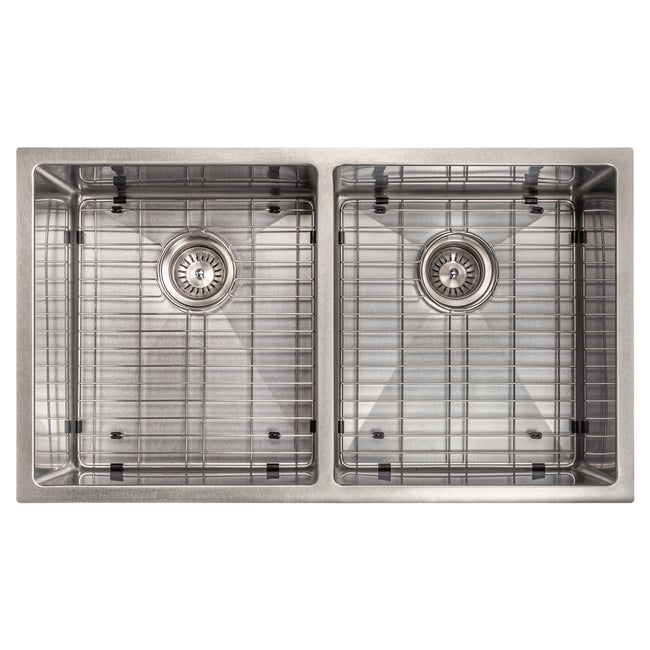SR50D-33S - 33" Anton Undermount Double Bowl Satin Stainless Steel Kitchen Sink with Bottom Grid