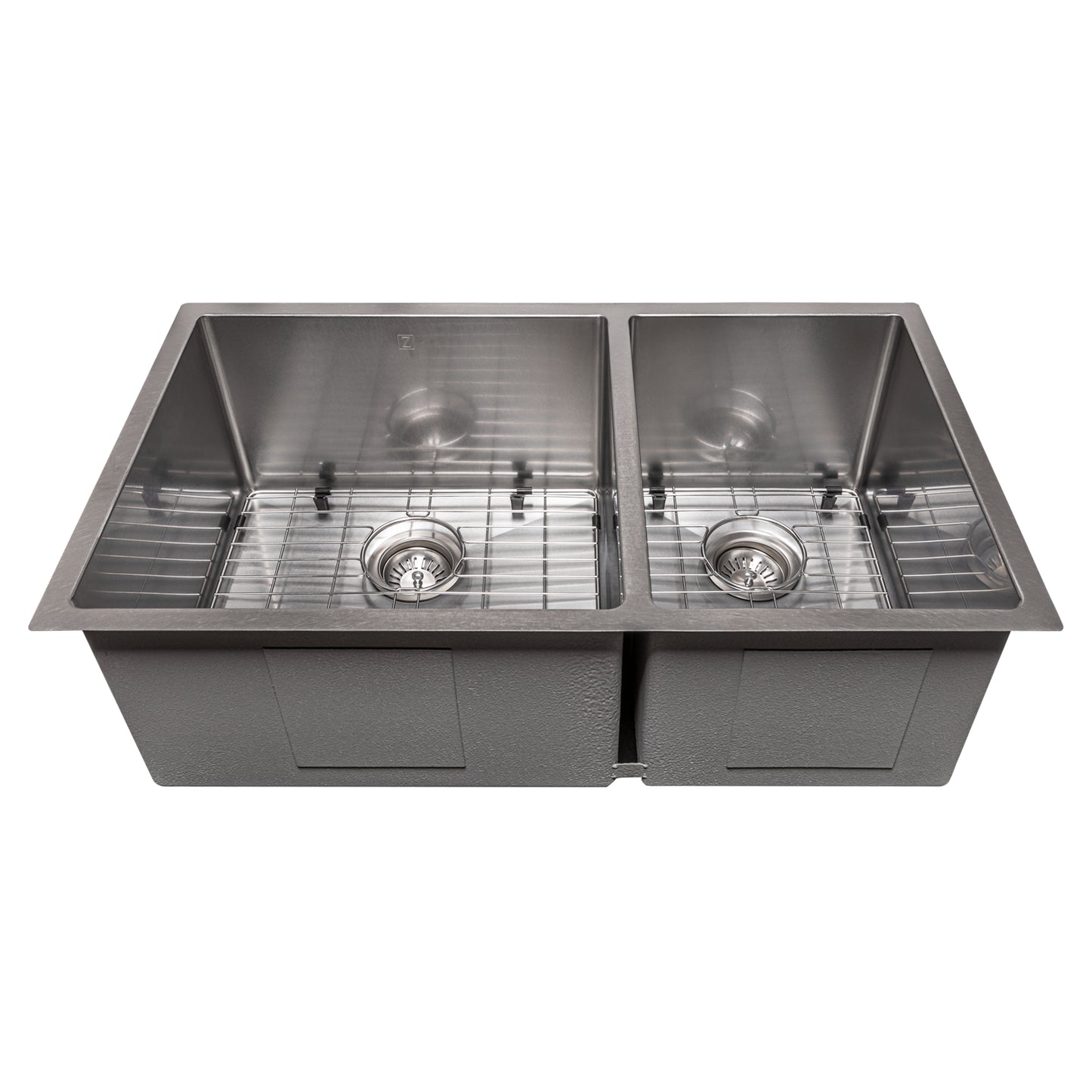 SR60D-33S - 33" Chamonix Undermount Double Bowl Satin Stainless Steel Kitchen Sink with Bottom Grid