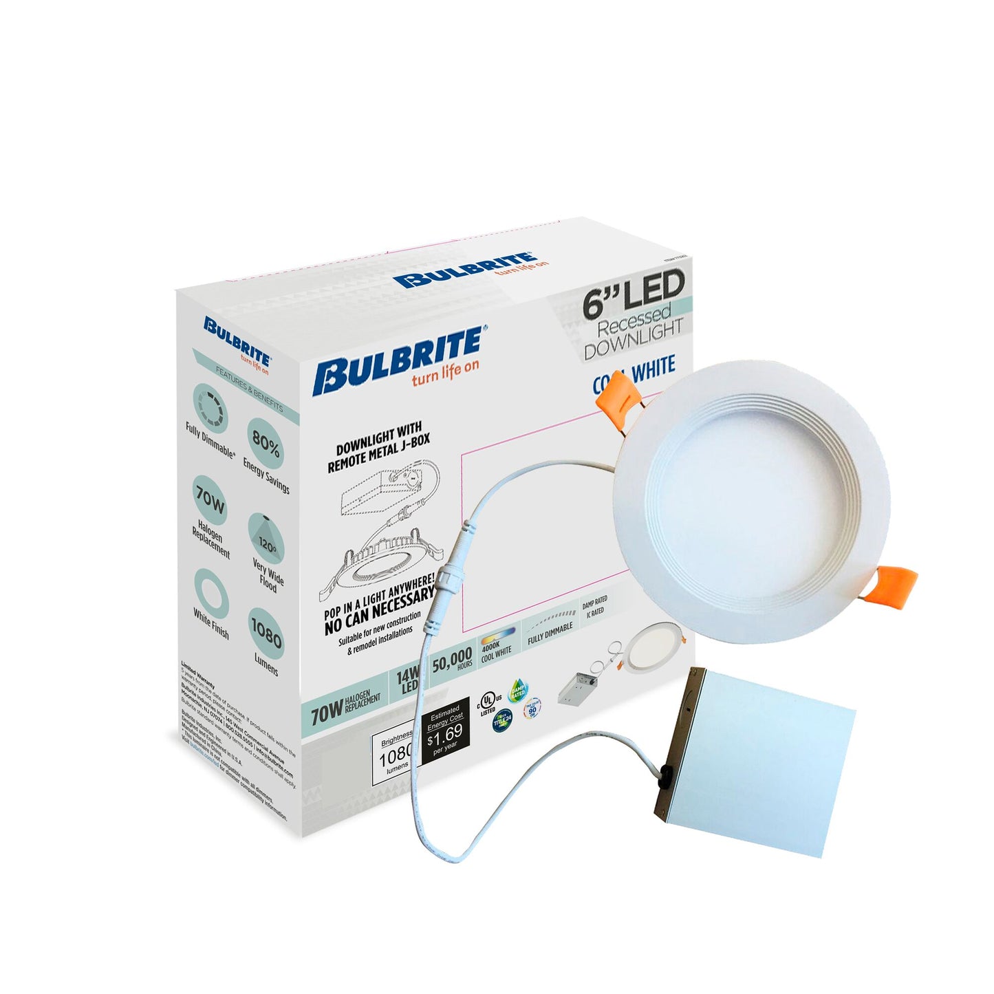 773262 - LED 6" Round Recessed Downlight Fixture with Metal Jbox & Baffle, 70 Watt Equivalent, 4000K/Cool White, White Finish - 2 Pack