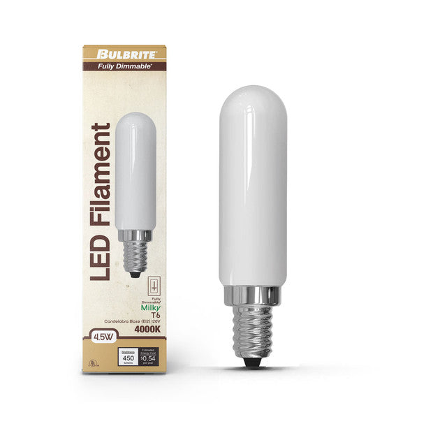 776994 - Filaments Dimmable T6 Milky Glass Candelabra Base - 4.5 Watt - 4000K - 4 Pack