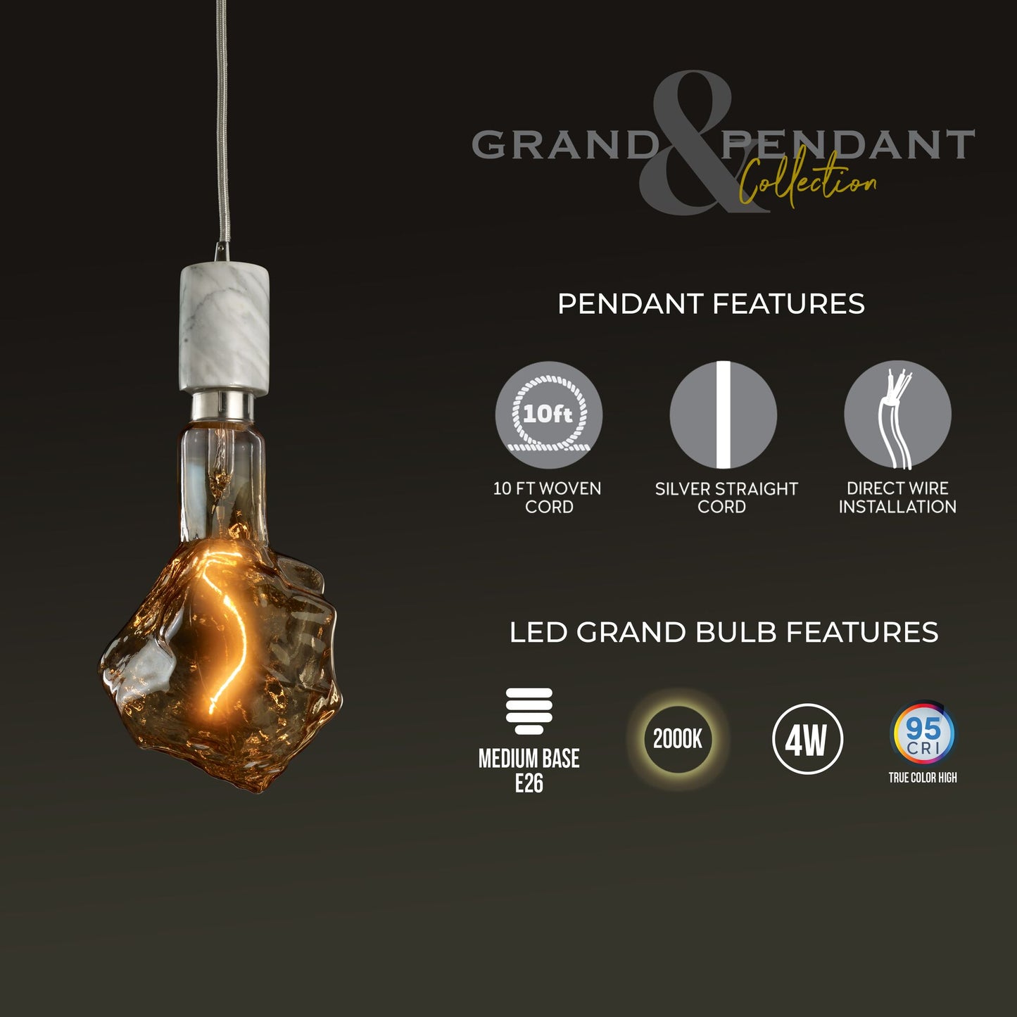 776320 - 4 Watt LED GLACIER NATURAL GRAND 2200K FILAMENT W/ WHITE MARBLE PENDANT WITH WHITE STRING