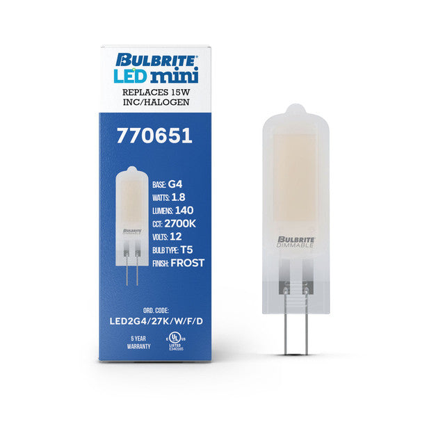 770651 - 12V Dimmable T5 Frost Glass Bi-Pin - 1.8 Watt - 2700K - 4 Pack