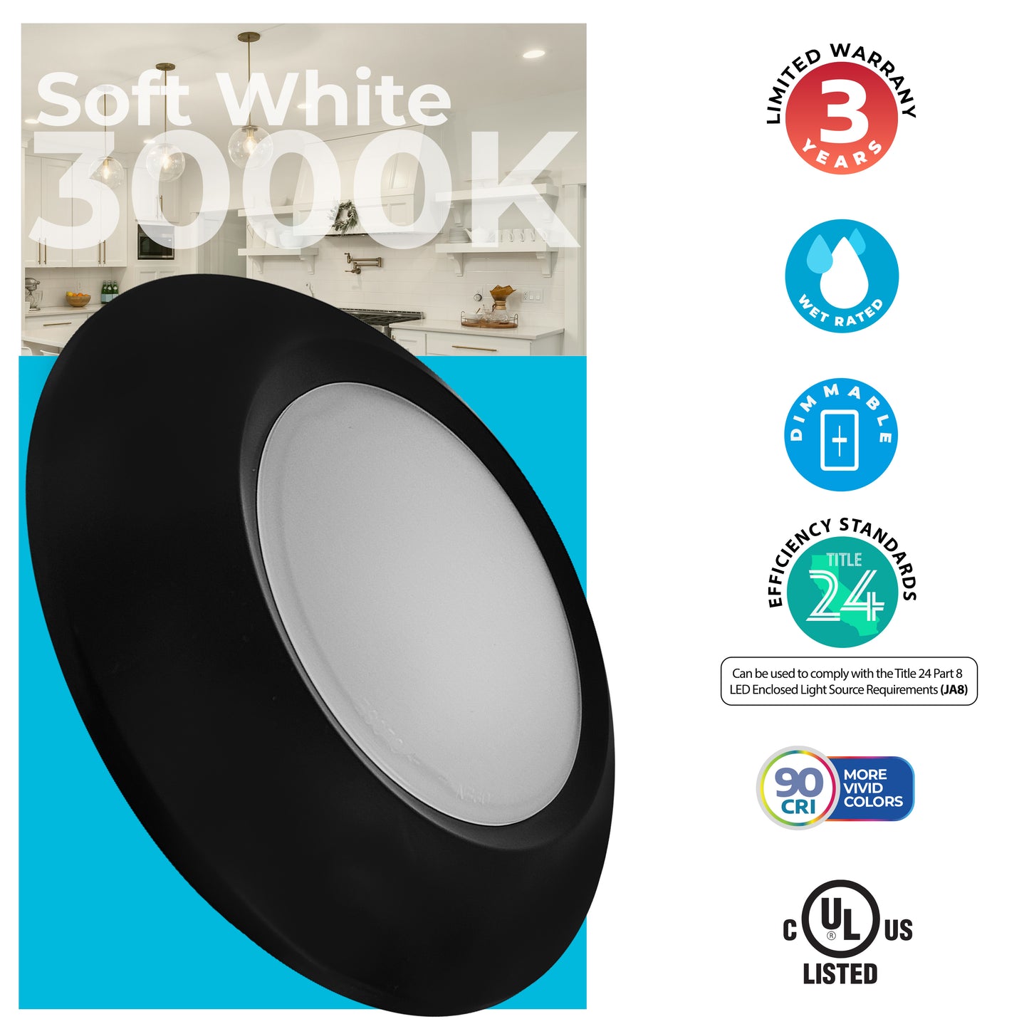 773275 - 12 Watt LED 7" Disc, 3000K, 1100 Lumens, Black Finish - 12 Pack