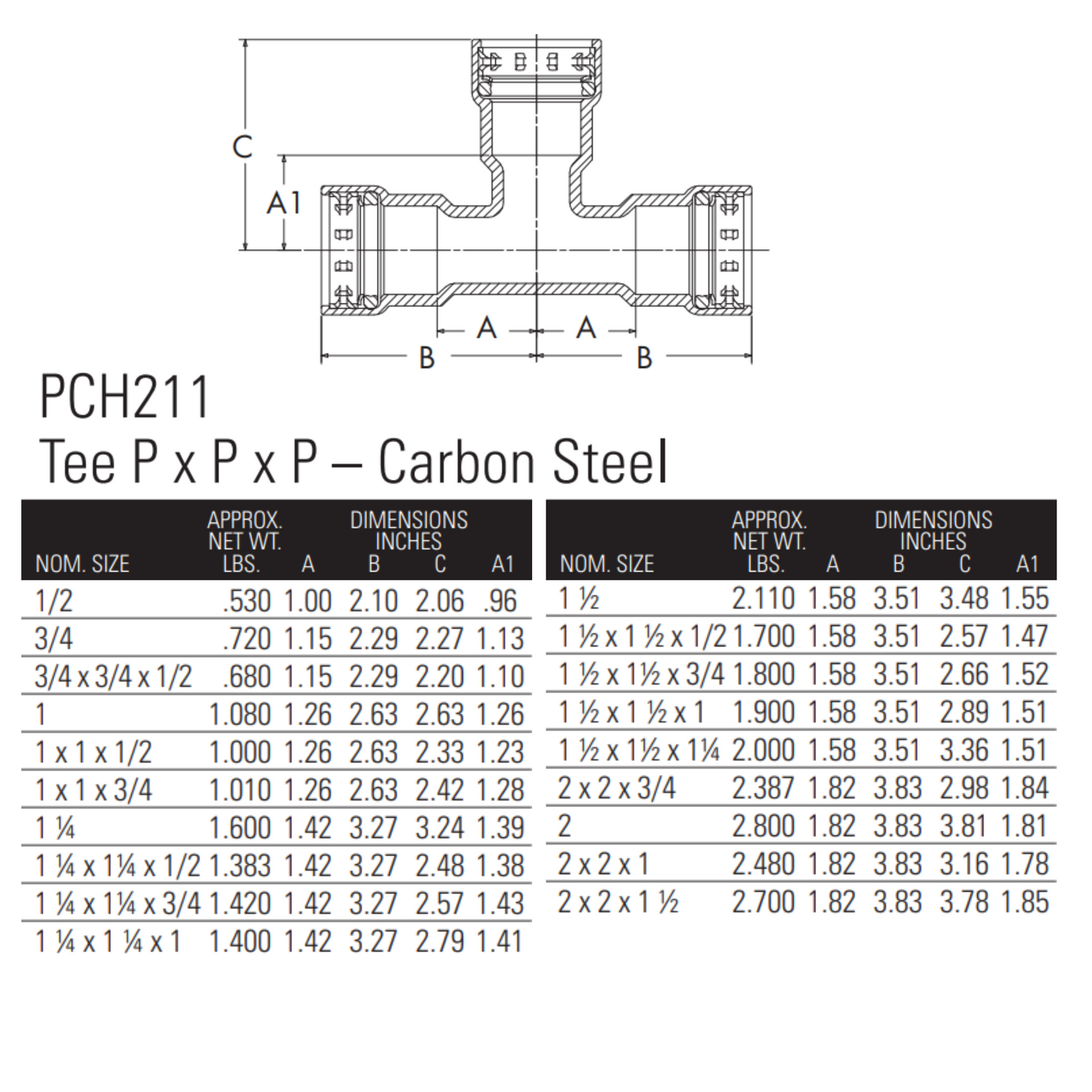 nibco press fittings 1/2" benchpress tee dimensions