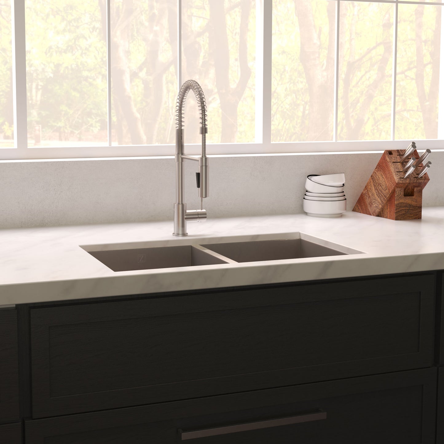 SR50D-36S - 36" Anton Undermount Double Bowl Satin Stainless Steel Kitchen Sink with Bottom Grid