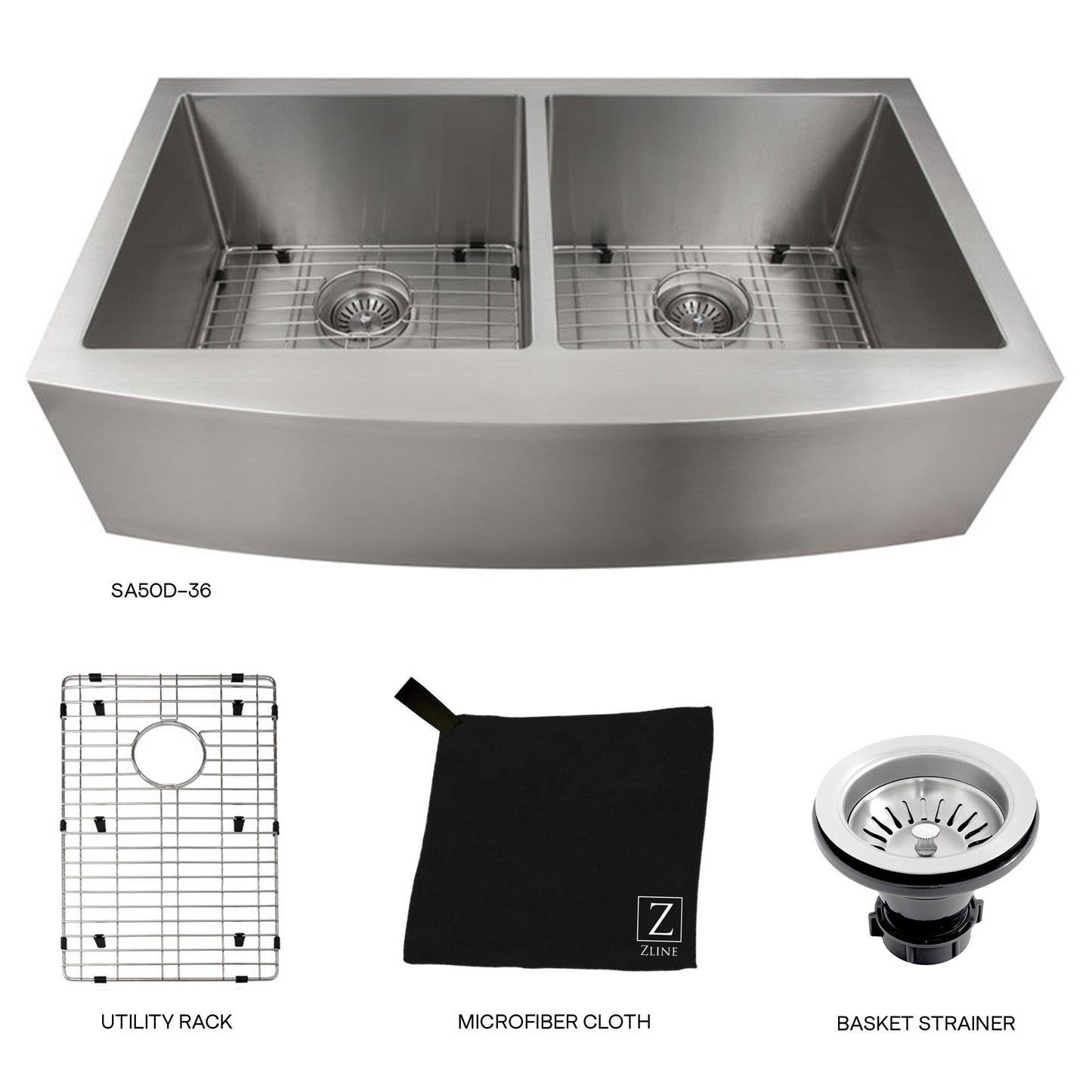 SA50D-36 - 36" Niseko Farmhouse Apron Mount Double Bowl Stainless Steel Kitchen Sink with Bottom Grid