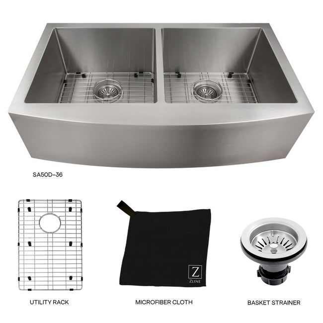 SA50D-36 - 36" Niseko Farmhouse Apron Mount Double Bowl Stainless Steel Kitchen Sink with Bottom Grid