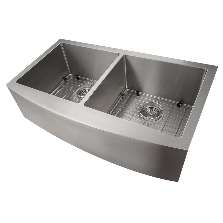 SA50D-36 - 36" Niseko Farmhouse Apron Mount Double Bowl Stainless Steel Kitchen Sink with Bottom Grid