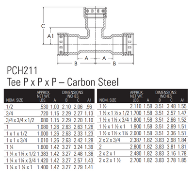 nibco press fittings 3/4" x 3/4" x 1/2" benchpress tee dimensions