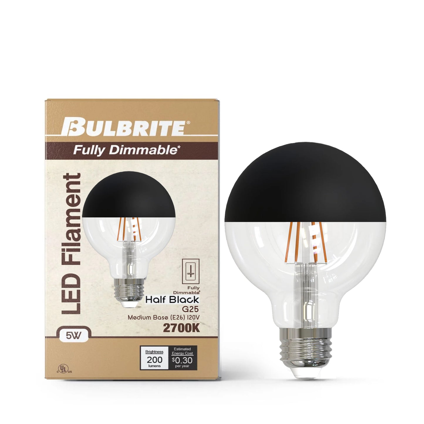 776835 - Filaments Dimmable G25 Half Black Glass Medium Base - 5 Watt - 2700K - 4 Pack