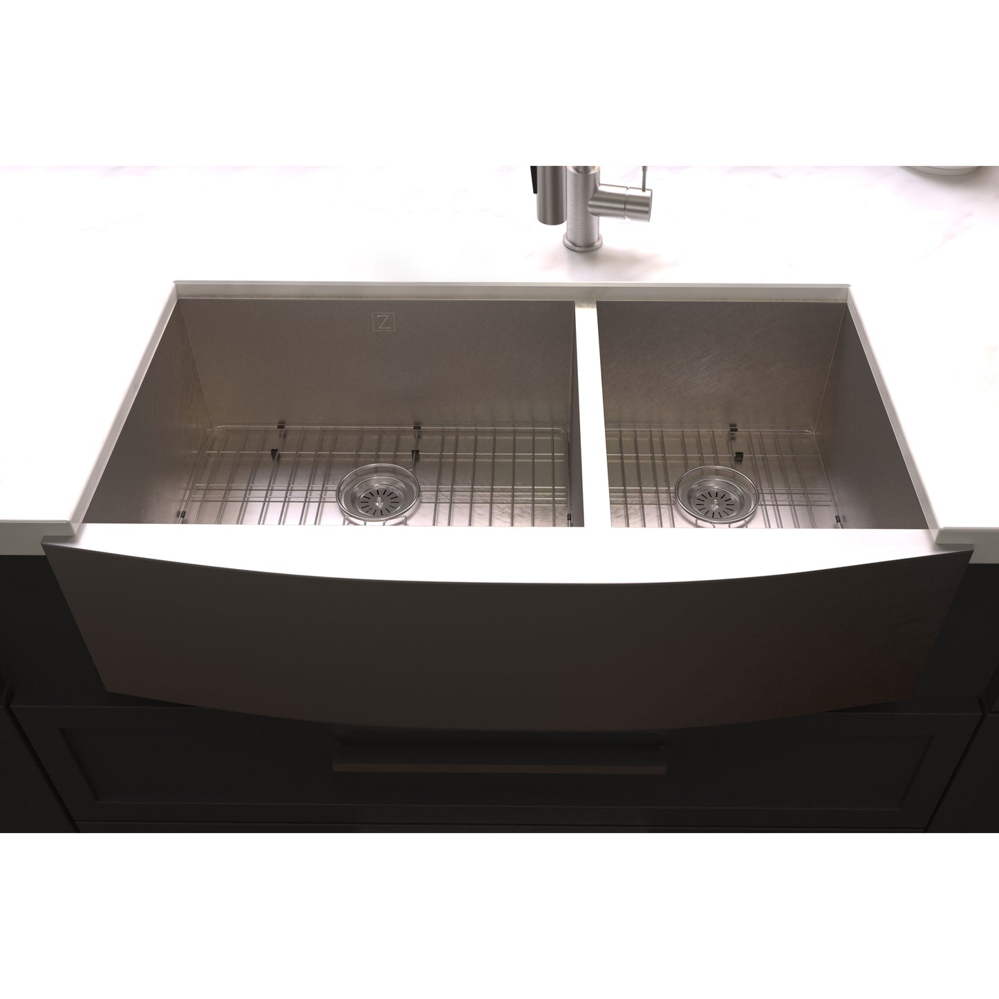 SA60D-36S - 36" Courchevel Farmhouse Apron Mount Double Bowl Satin Stainless Steel Kitchen Sink with Bottom Grid