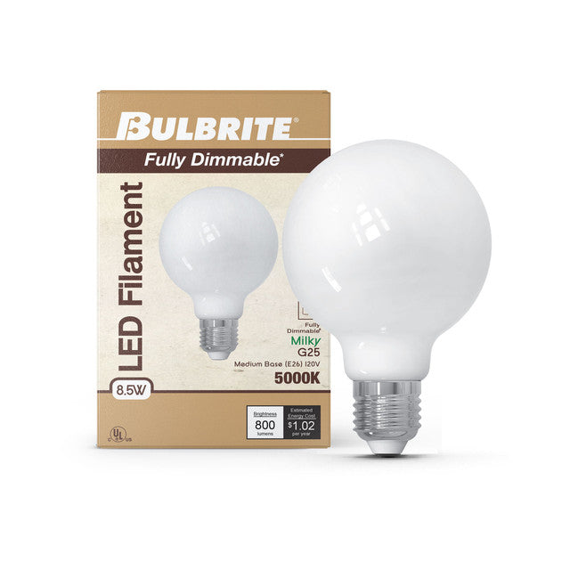 776980 - Filaments Dimmable G25 Milky Glass Medium Base - 8.5 Watt - 5000K - 4 Pack