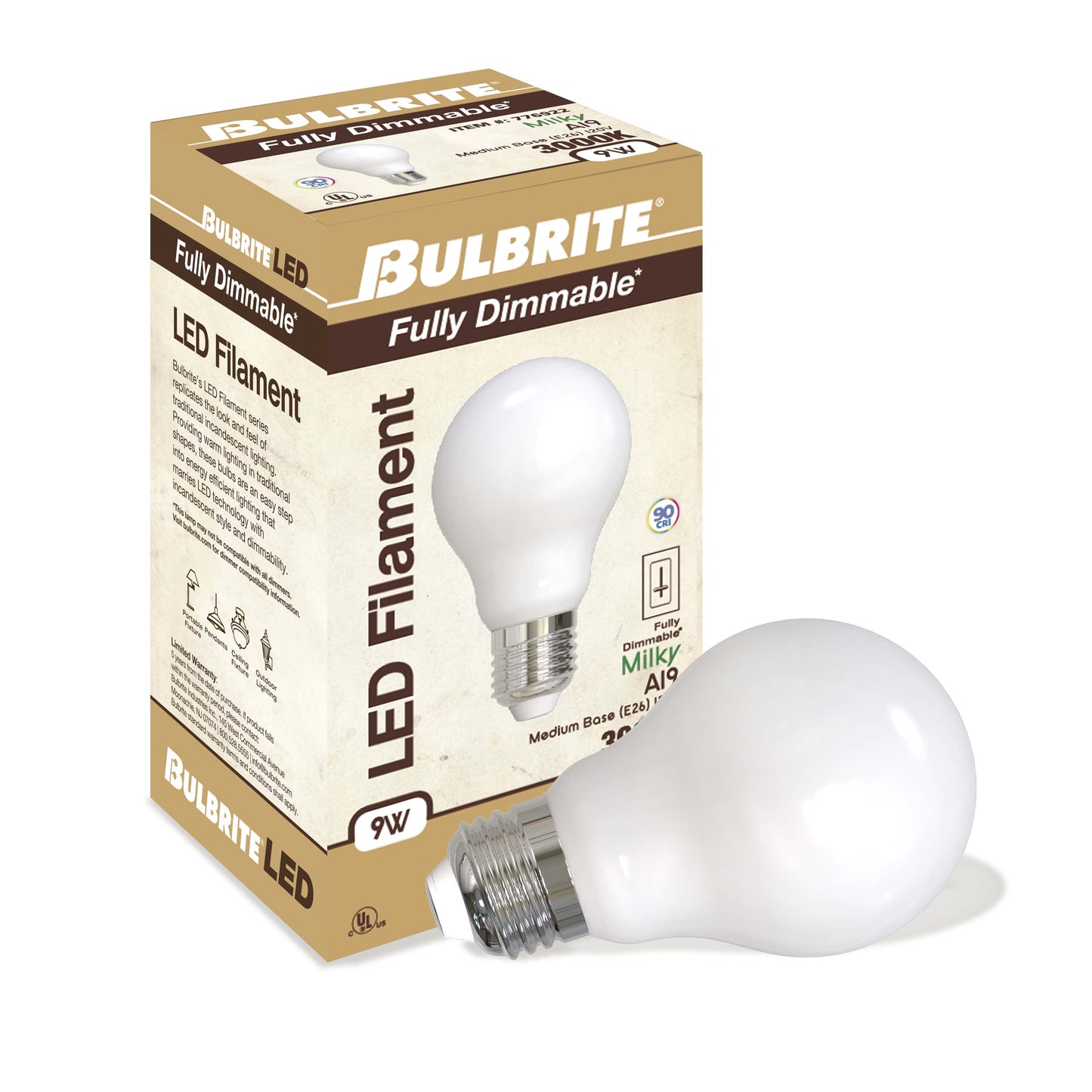 776922 - Dimmable Milky A19 LED Light Bulb - 9 Watt - 3000K - 4 Pack