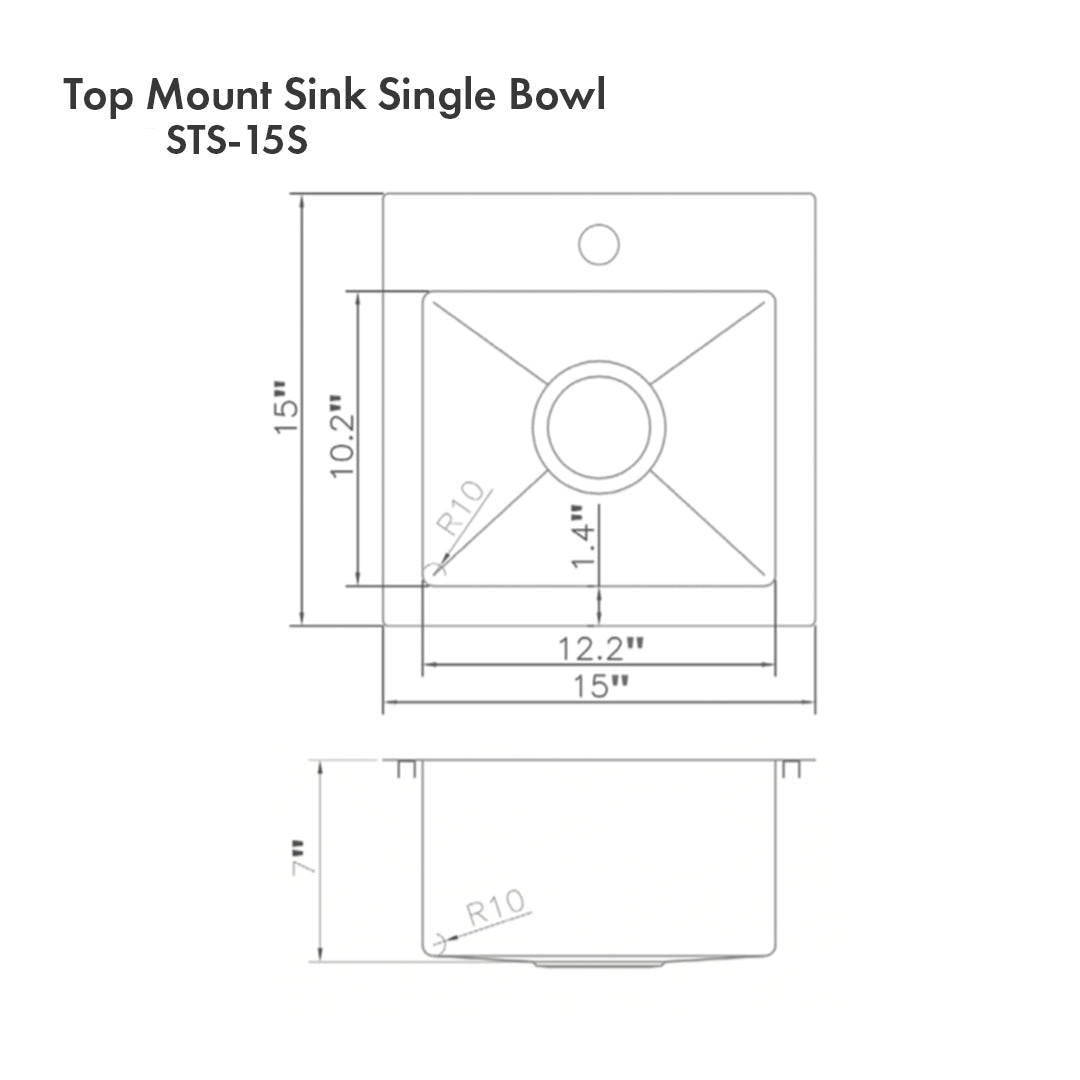 STS-15S - 15" Donner Topmount Single Bowl Satin Stainless Steel Bar Kitchen Sink