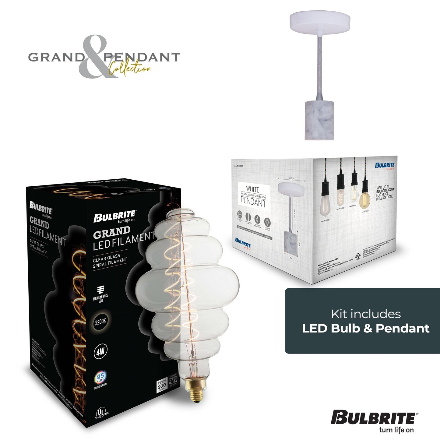 776304 - 4 Watt LED BEEHIVE SHAPED GRAND 2200K FILAMENT W/ WHITE MARBLE PENDANT WITH WHITE STRING