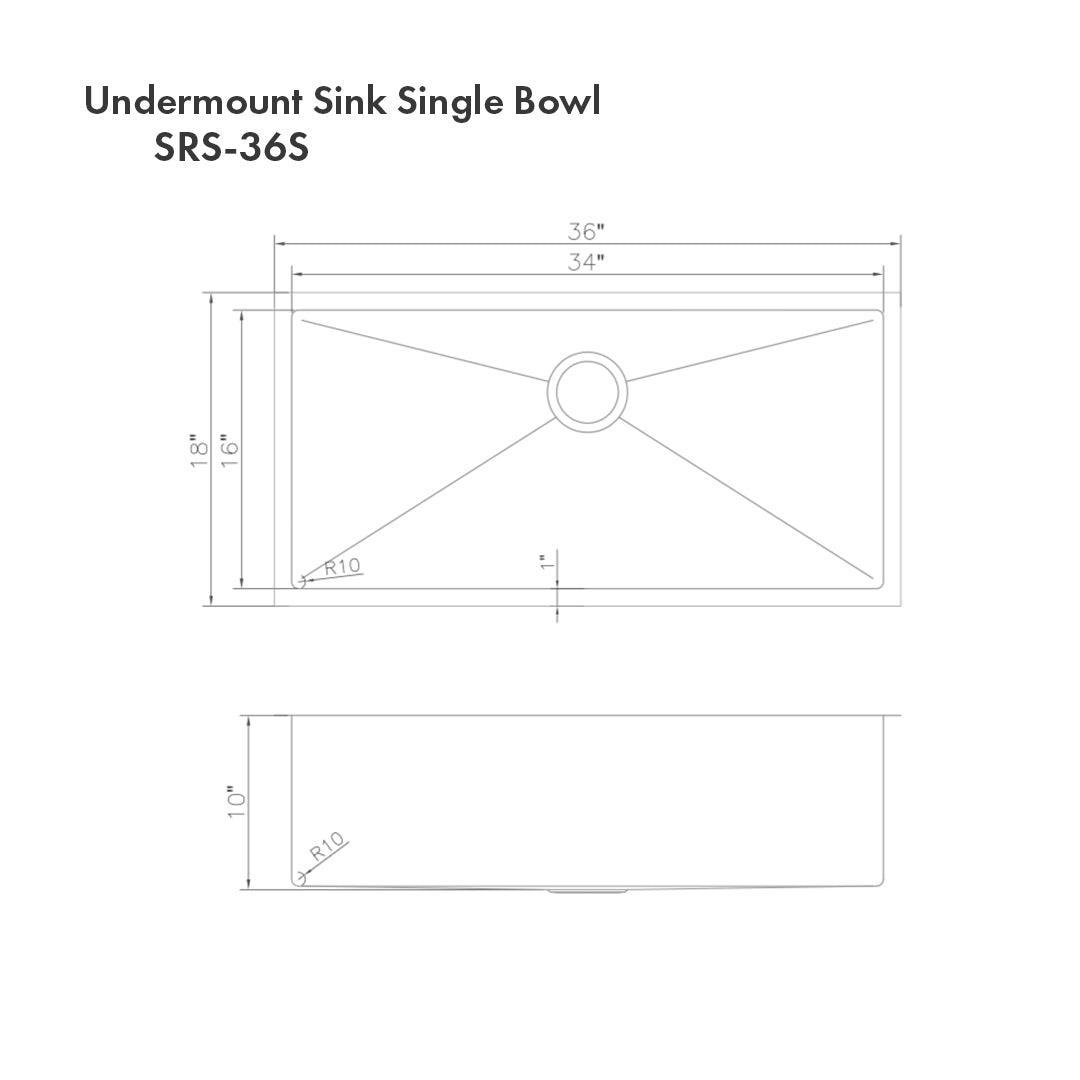 SRS-36S - 36" Meribel Undermount Single Bowl Satin Stainless Steel Kitchen Sink with Bottom Grid