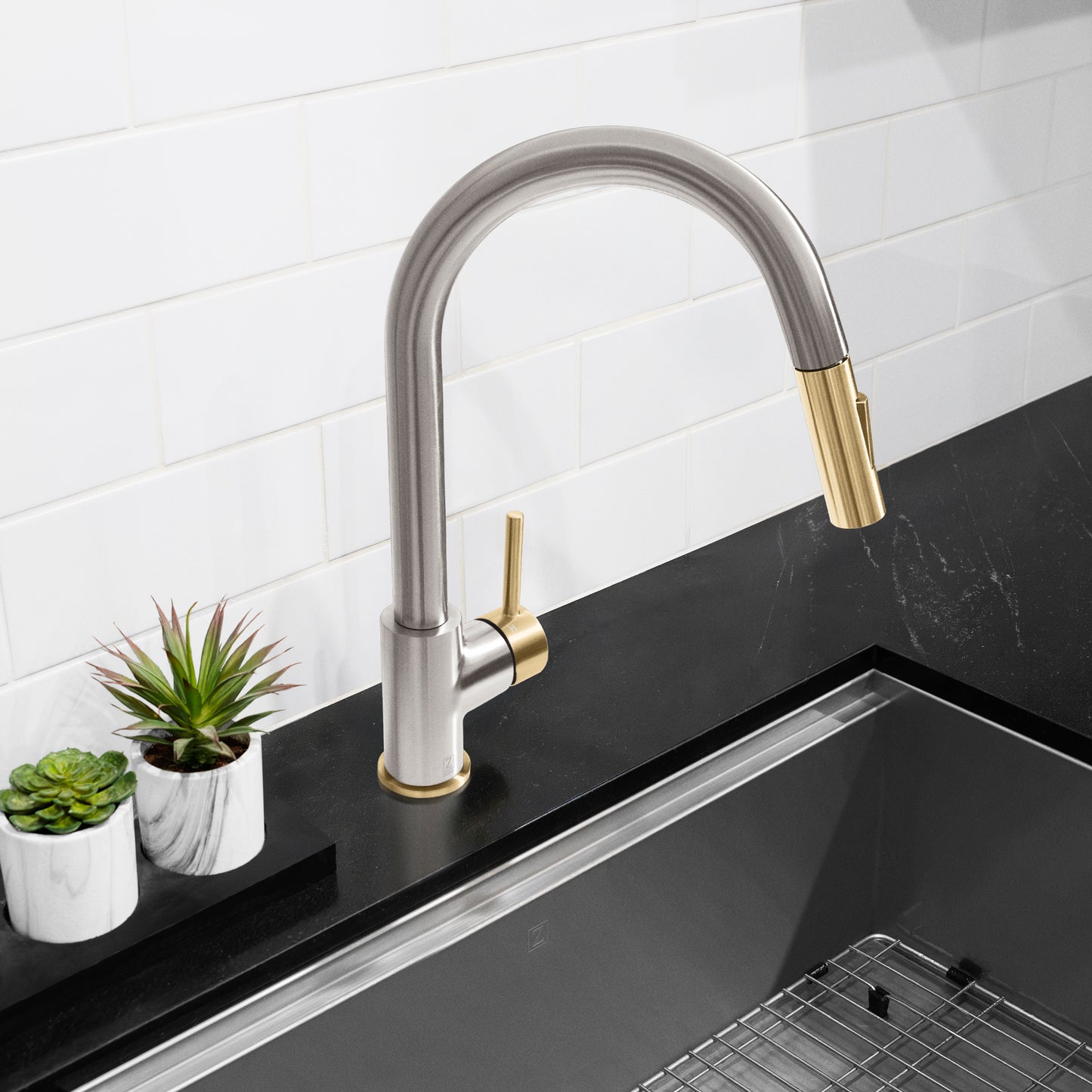 GEM-KF-ZBNCB - Autograph Edition Gemini Pull Down Single Handle Kitchen Faucet in Brushed Nickel and Champagne Bronze
