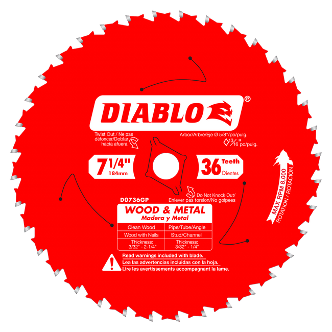 D0736GPX - 7-1/4" x 36 Tooth Wood & Metal Carbide Saw Blade