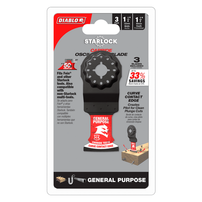 DOS125CGP3 - 1-1/4" Starlock Carbide Oscillating Blades for General Purpose Cuts (3-Pack)